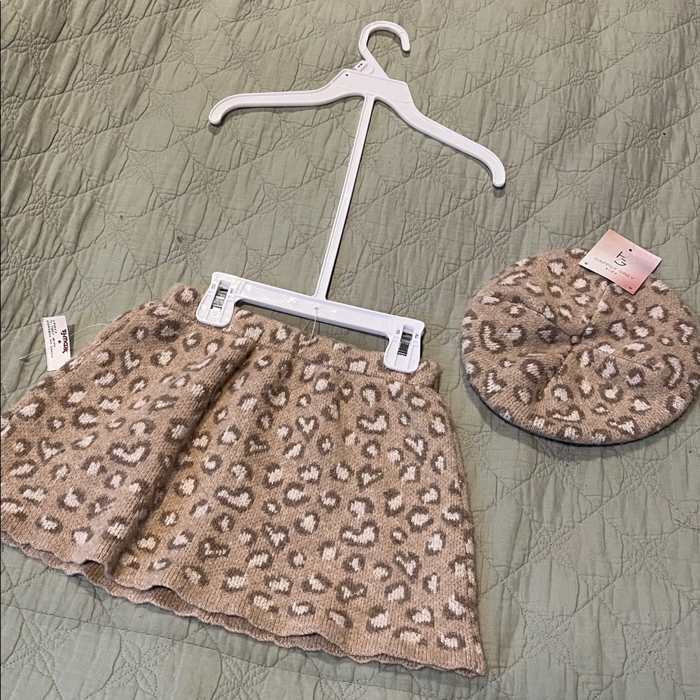 NWT, Beige Leopard Print Plush Skirt w/ Matching Plush Beret